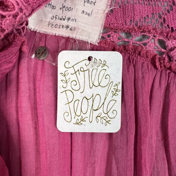 Free People One Pink Golden Age Lace Long Sleeve Open Back Top Size Medium - Picture 8 of 10